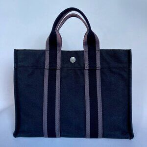 Hermes Fourre Tout Small Canvas Tote Bag Navy Blue and Grey/Pink